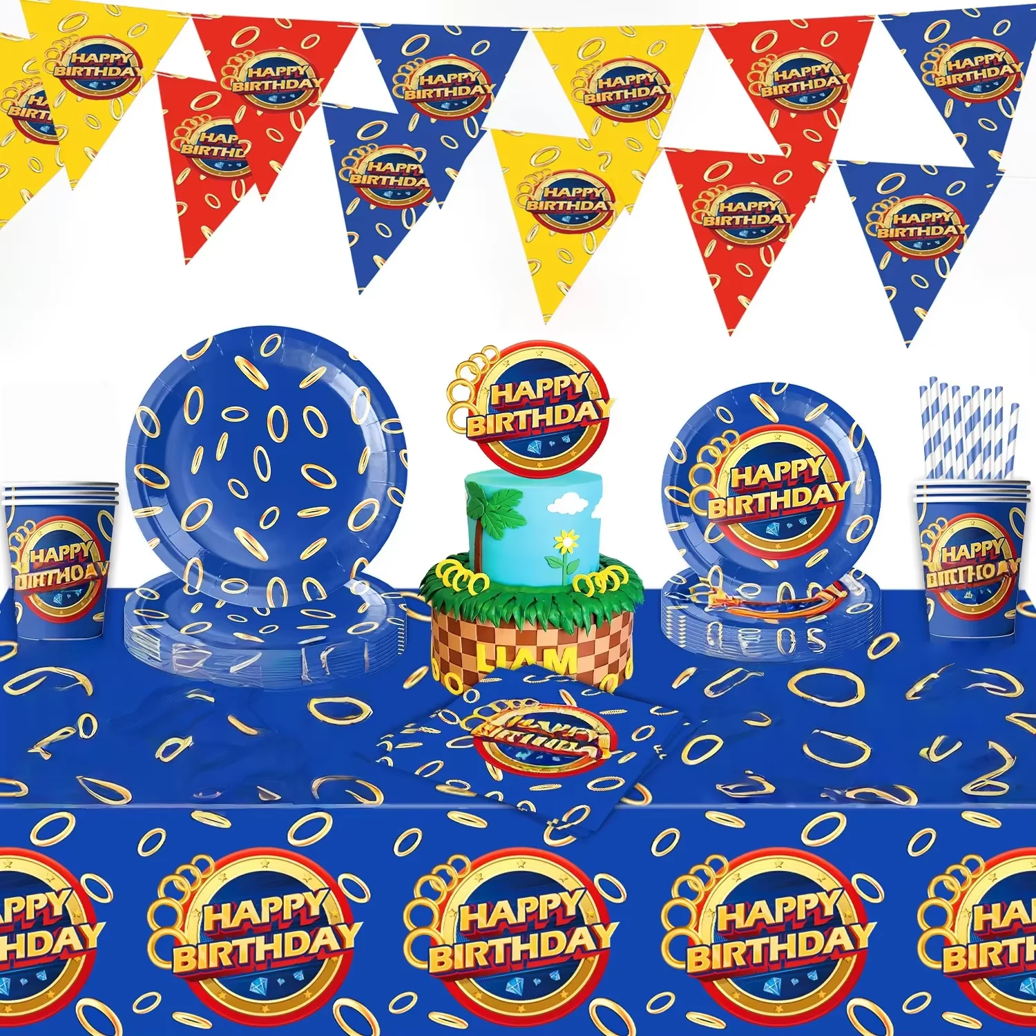 Blue Hedgehog Gold Coin Game Theme Kids' Birthday Party Decoration set, Tablecloth Plates Napkins Cups Tablewares Party Favors