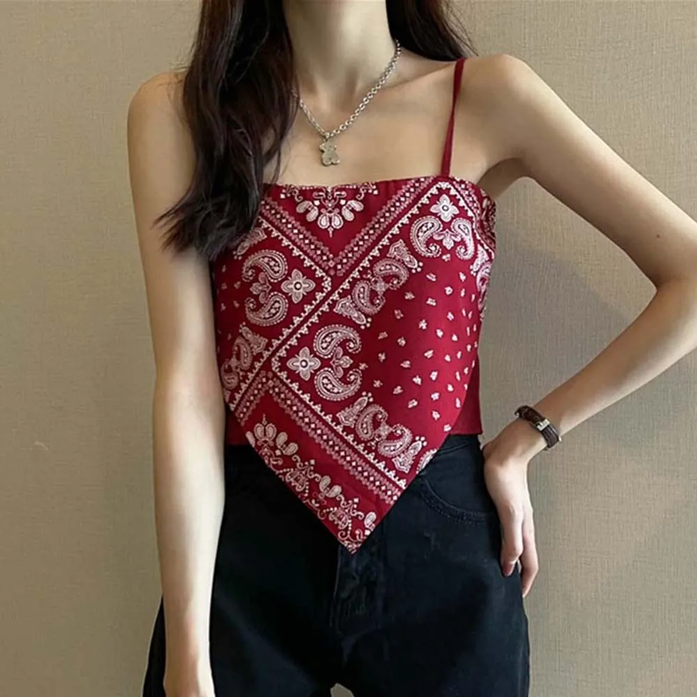 Women Satin Tie Back Knot Spaghetti Bandana Tube Crop Top Sleeveless Blouse Korean Fashion Letter Print  Summer Beach Tank Top