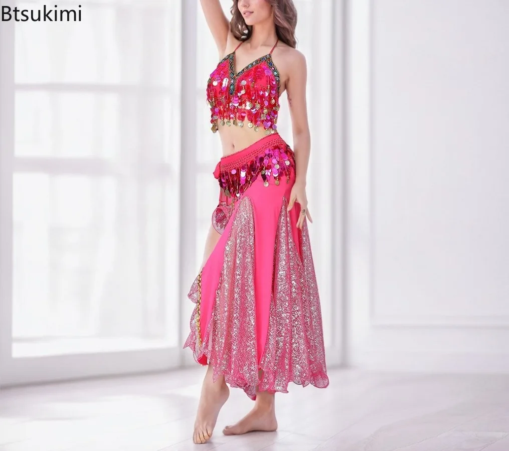 Ensemble de 3 pièces de danse du ventre pour femmes, haut + jupe + chaîne de taille, Costume de spectacle sur scène de danse du ventre pour adultes, Style Tribal exotique