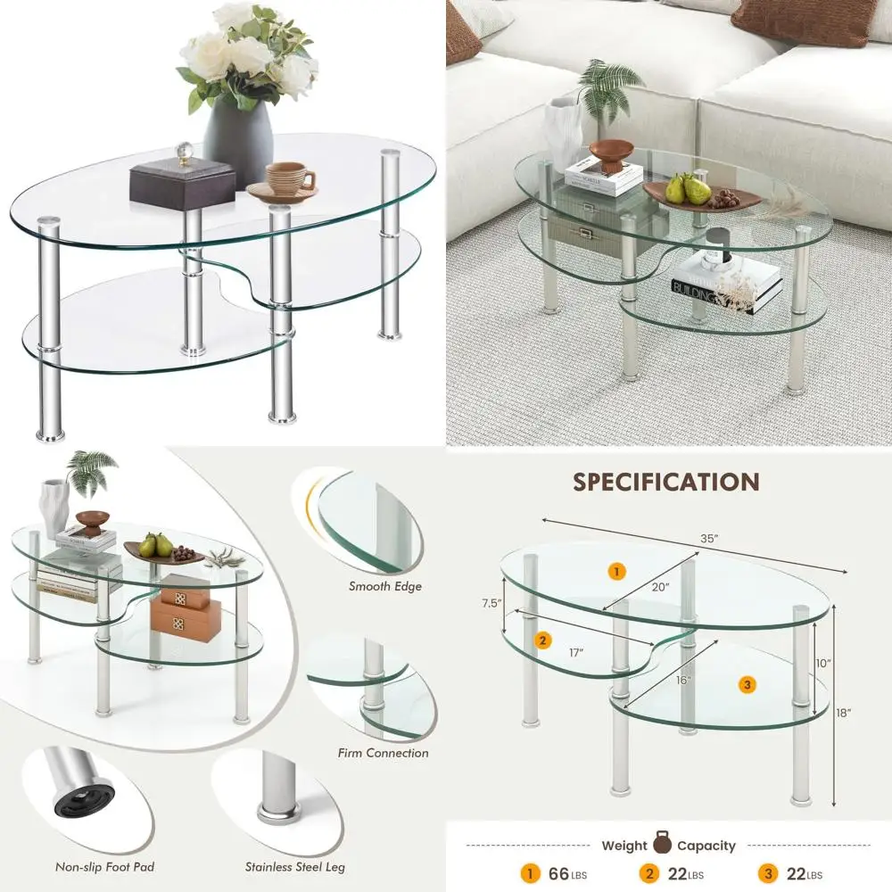 

Contemporary Oval Glass Coffee Table with Two-tier Design for Home and Office Use