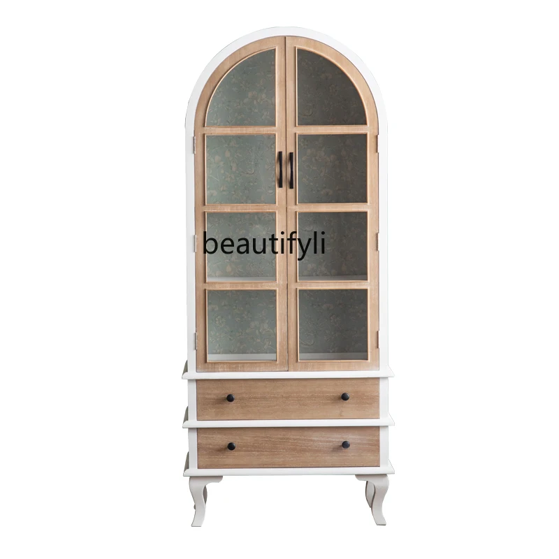 

Retro Solid Wood Vintage Home Bookcase Wall High Single Cabinet Homestay Hotel Hallway Arch Locker furniture