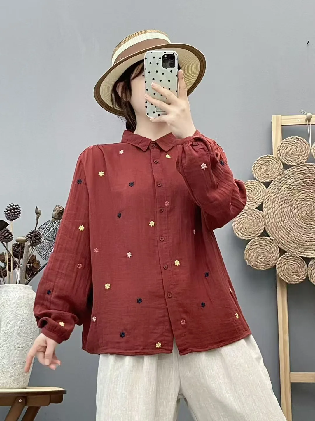 

Enianechu Cotton Yarn Skin-Friendly Long Sleeve Loose Retro Shirt Blouse Vintage Pink Red Blue White Embroidered Shirts