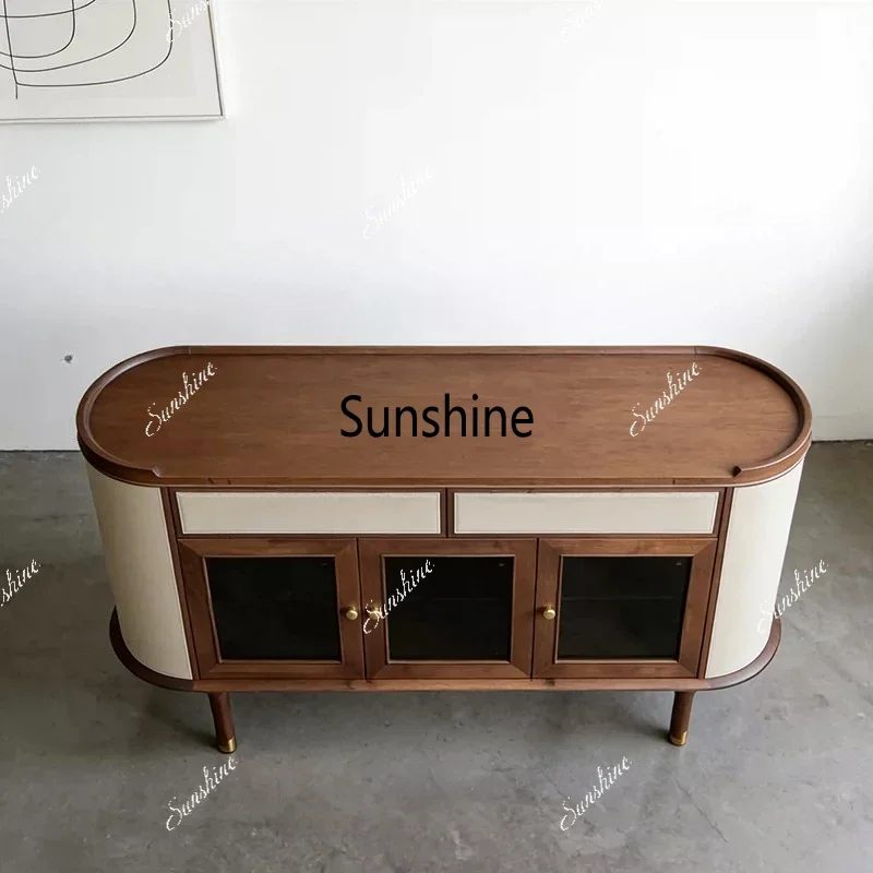 Living room storage dining side cabinet New Chinese-style household solid wood wine cabinet Simple glass cabinet FT