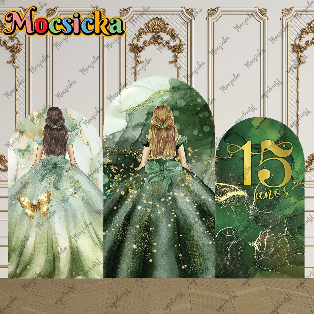 Mocsicka 2-seitige Bogenabdeckung Prinzessin 15. Geburtstag Themen-Dekoration Hintergrundwand Mädchen Geburtstagsparty Abschlussball Zubehör Foto-Requisiten