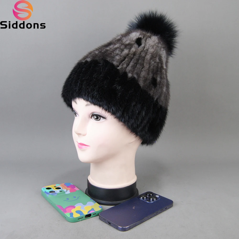 Women Hat Fashion Winter Pom Mink Fur Hats Female Warm Thick Stylish Girl Hat With Real Fur Elegant Knitted Fox Caps Beanies