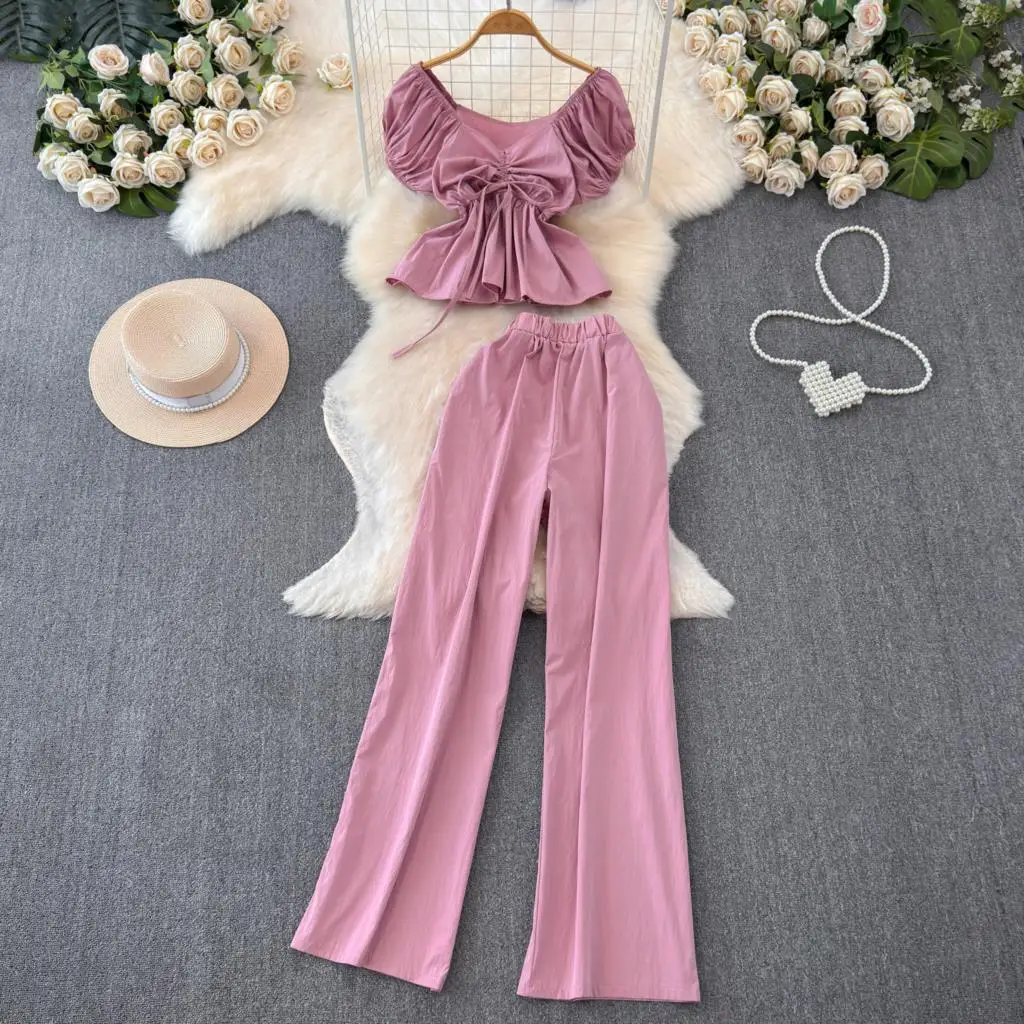 Summer Solid Chic Women Fashion New Pantsuit Vintage Short Sleeve Crop Tops Straight Pants Outfits Female Holiday Two Pieces Set