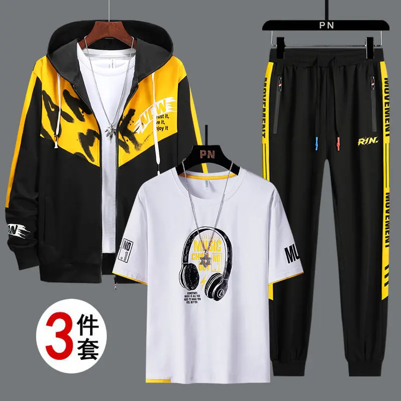 Spring and summer casual sportswear, three piece hoodie set, men's trend, youth and student rest, handsome and loose fitting