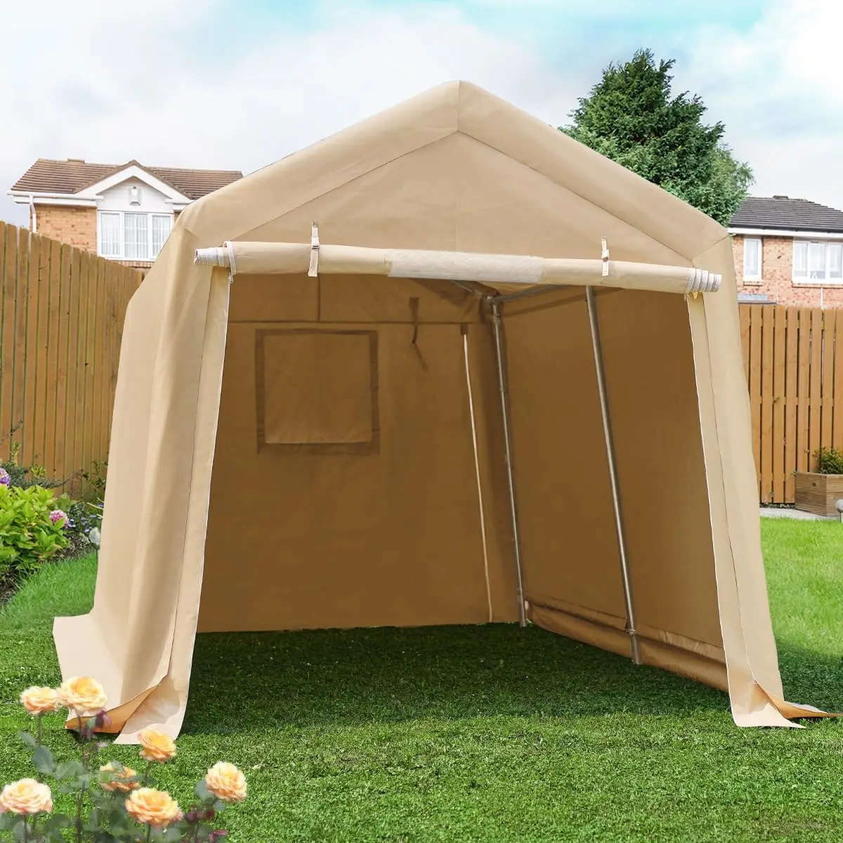 Peak Roof Anti-Snow Portable Shelter Storage Carport for Motorcycle Bike or Garden Tools with 2 Roll up Doors & Vents, Beige