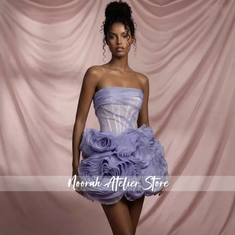 Pretty Lilac Party Dress Floral Above Knee Length Off Shoulder Flowers Prom Gowns Pleat Organza Short Prom Dresses Mini