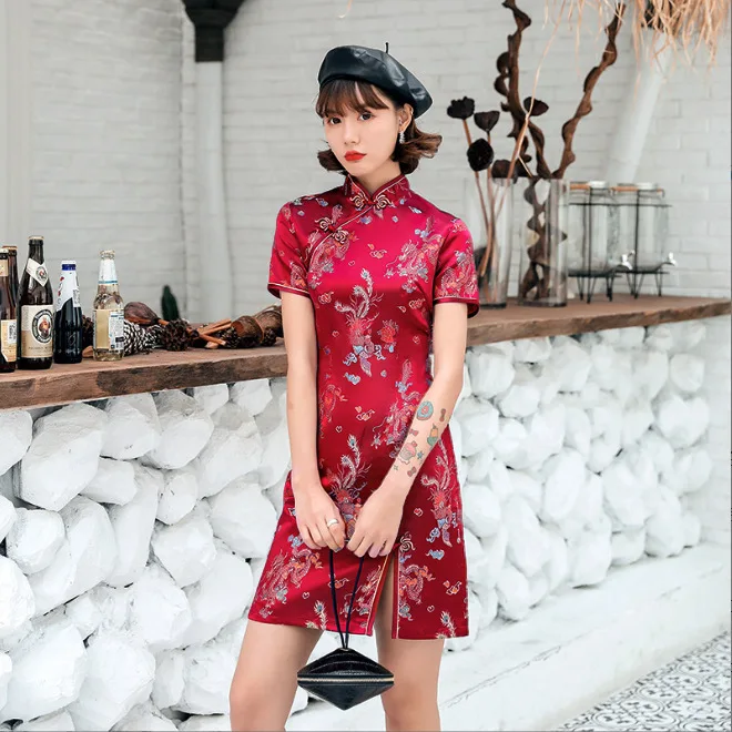 Front Fork Dragon&Phoenix Qipao Elegant Women Cheongsam Old Shanghai Mandarin Collar Sexy Short Chinese Dress Vestido