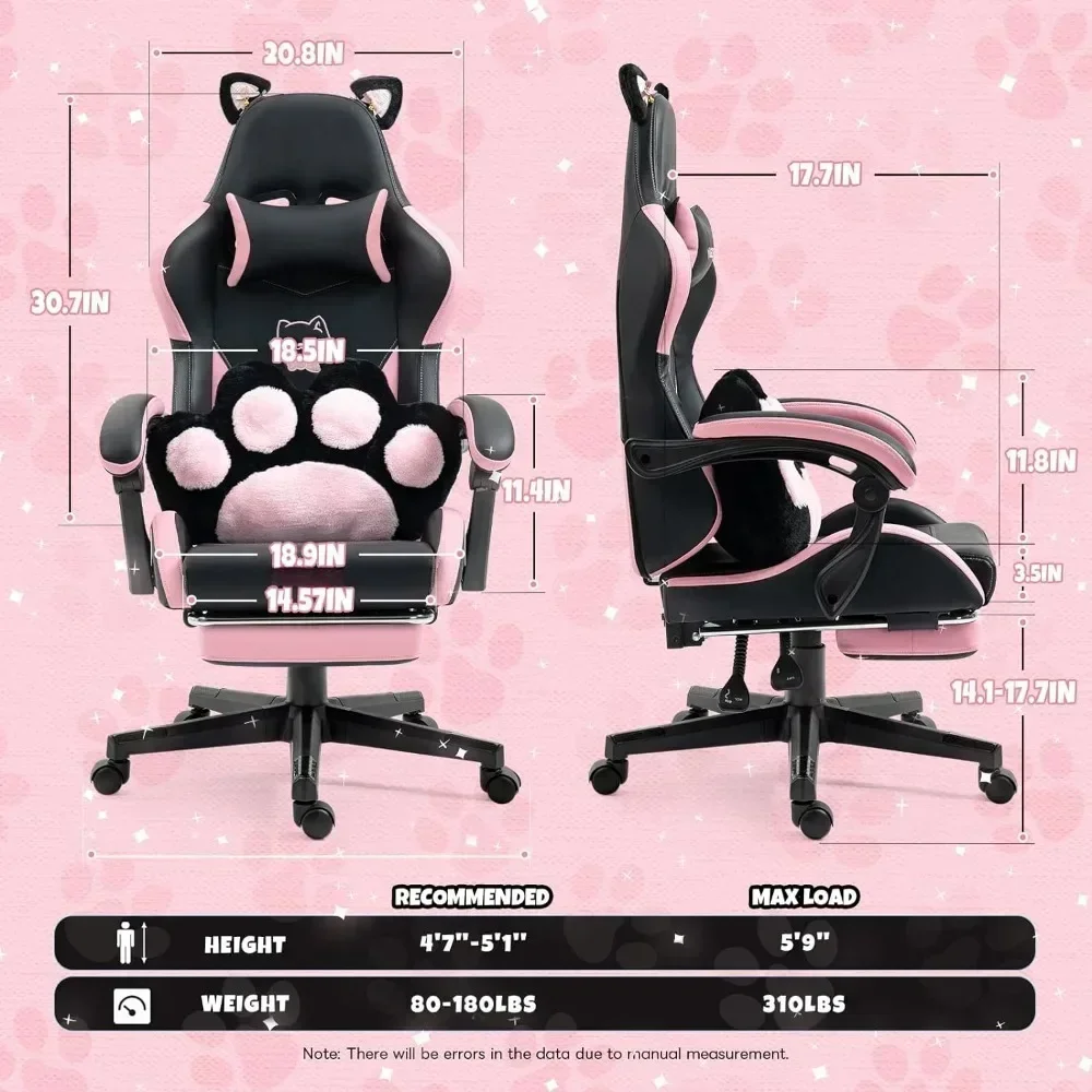 Cute Gaming Chair with Cat Paw Lumbar Cushion and Cat Ears, Ergonomic Computer Chair with Footrest, Reclining PC Game Chair