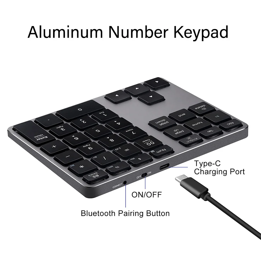 Wireless Bluetooth Number Pad, Rechargeable Numeric Keypad 5.0 & 2.4G Dual-Mode Aluminum Numpad Keyboard for Mac Windows