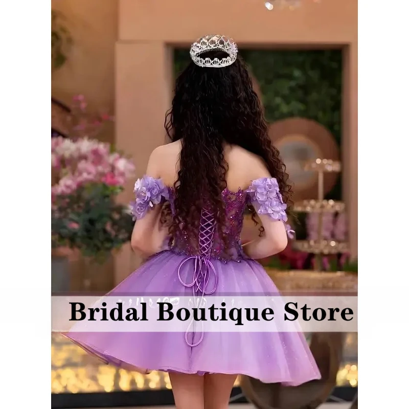 Customized 3D Flowers Tulle DAMA Dresses Glitter Beaded Homecoming Dresses for Teen Off Shoulder Sequin A Line Cocktail Gown