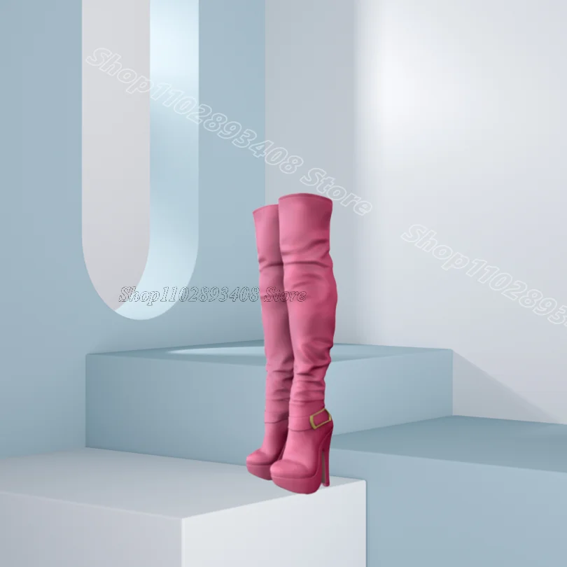 

Pink Platform Buckle Boots Round Toe Solid Fashion British Style Women Dress Party Spring Over Knee Boots Zapatos Para Mujere