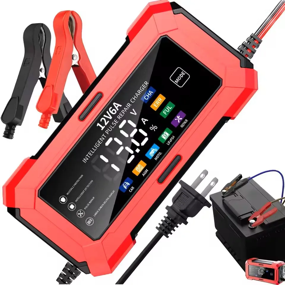 Large Screen Car Battery Charge 12V 6A Battery Charger Smart Fast Charging for Car Batteries For Car Motor AGM GEL WET Etc.