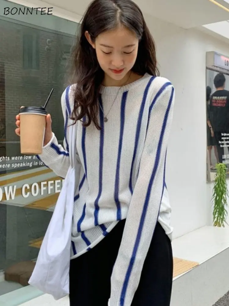 T-shirts Women Daily Striped Summer Knitting Fashion Elegant Simple All-match Ladies New French Style Basic Retro Casual Stylish