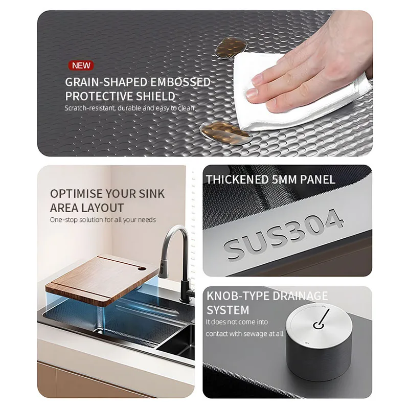 Multifunctional Pull-out Waterfall tap Kitchen Sink 3.0mm Thickened 304 Stainless Steel Large Slag collection net Quick drainage