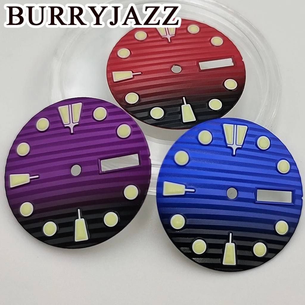 BURRYJAZZ 28.5mm No Logo NH36 Watch Dials Black Blue Black Red Dial Green Luminous Fit 3 O'clock 3.8 O'clock Case Crown