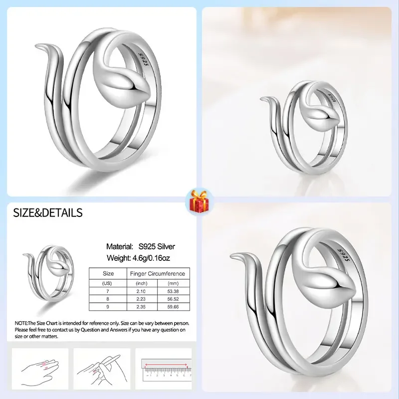 Animals Pets 925 Sterling Silver Simple Snake Vivid Image Dance Ring For Women's Exquisite Jewelry Size7-9 ,Retro Snake Ring