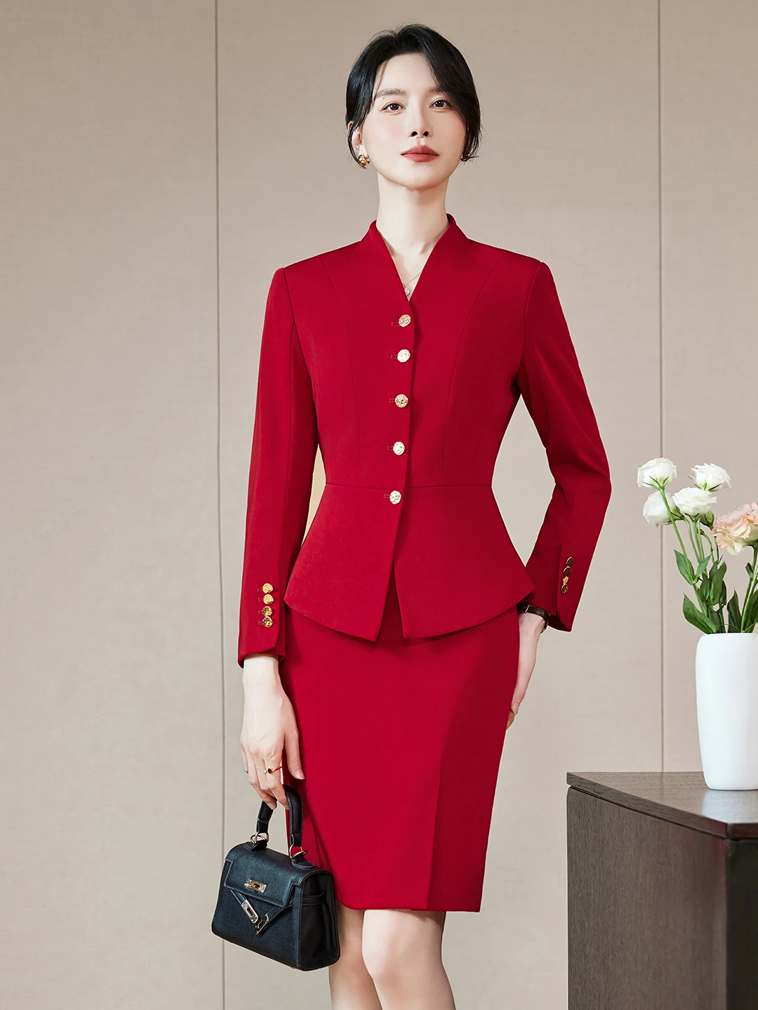 Red Suit Set for Women New 2026 Autumn Jewelry Store Beauty Therapist Workwear Front Desk Manager Professional Career Outfit