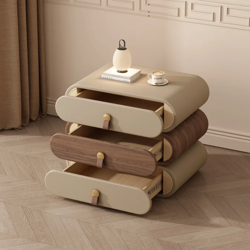 

Solid wood bedside table three-layer rotatable Italian minimalist medieval cream wind large size bedroom locker