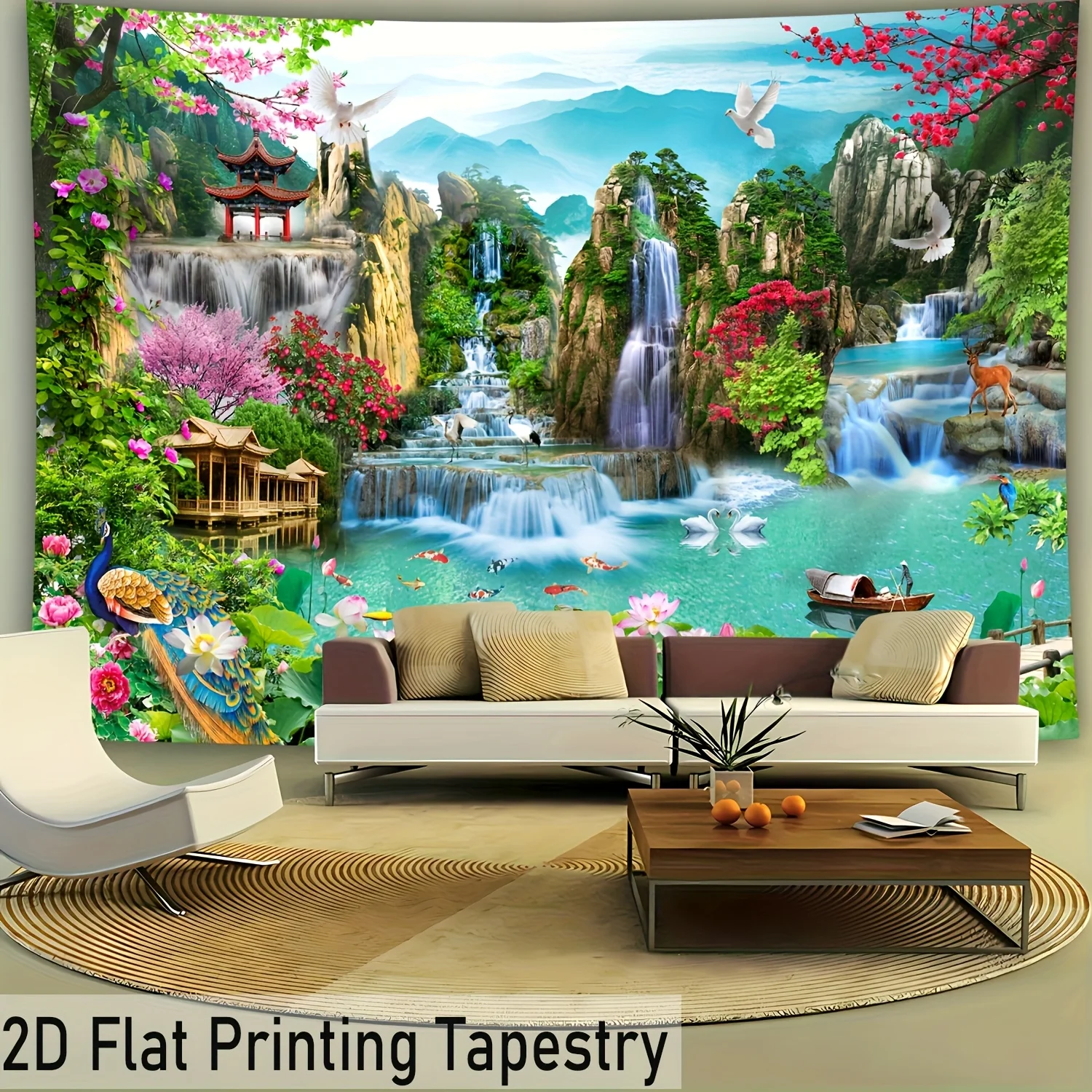 tapecaria-plana-2d-pintura-de-paisagem-oriental-cachoeira-montanhas-passaros-flores-cenario-tranquilo-arte-de-parede-para-sala-de-estar