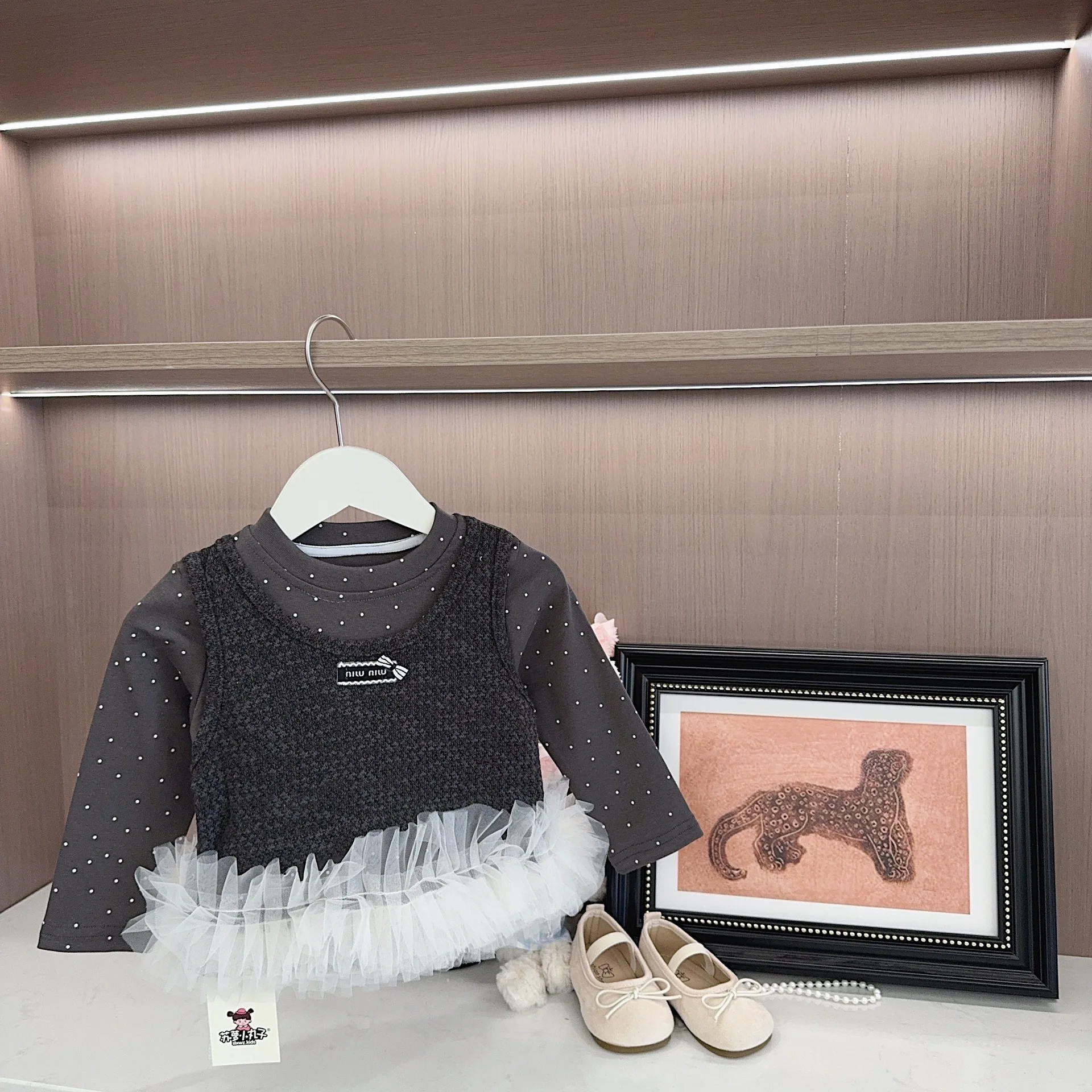 2026 Fall Winter 0 To 5 Years Girls Toddler Stylish Vest Two Piece Set Gray Brown Polka Dot Mesh Long Sleeve Undershirt