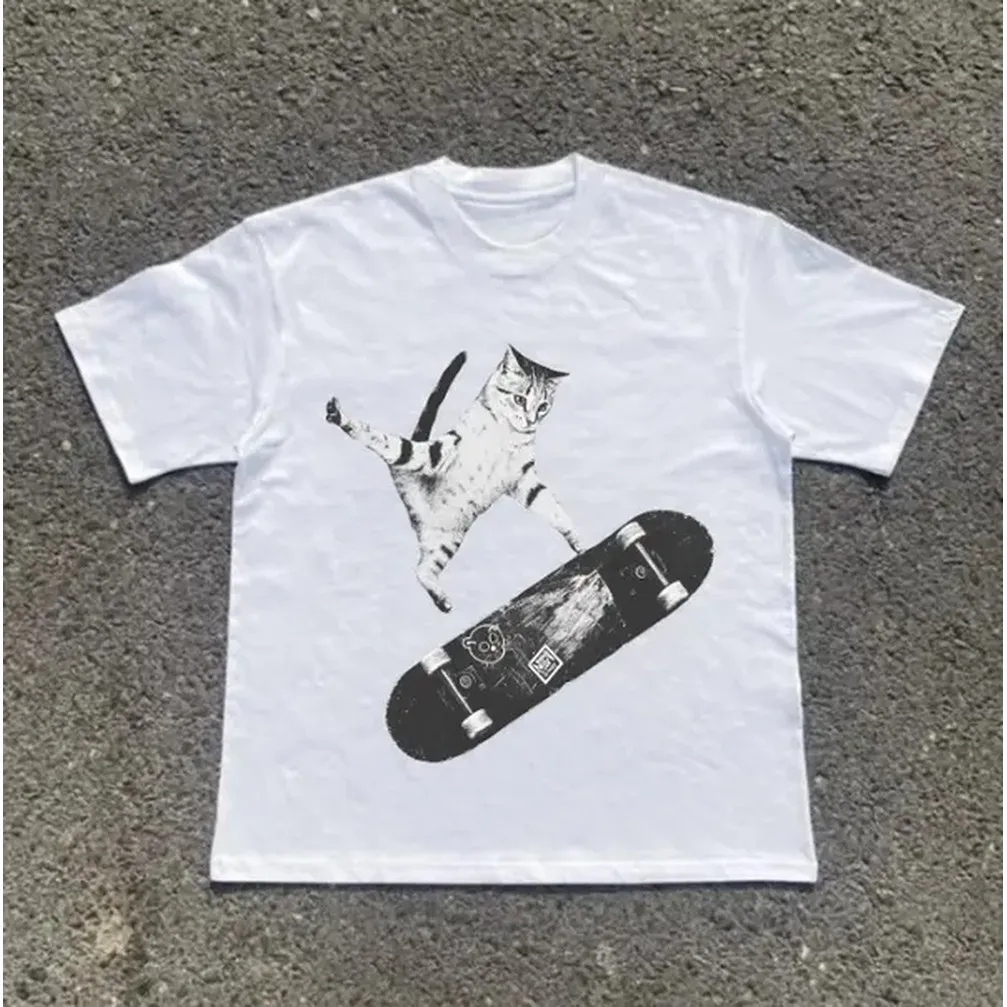 Skateboarding Cat T-Shirt, Y2k Cat Shirt, Animal Tee, Gifts Shirt, Unisex Vintage Graphic Tees Gothic Grunge Y2k Emo Scene Amity Affliction Style Clothes Men Women Streetwear