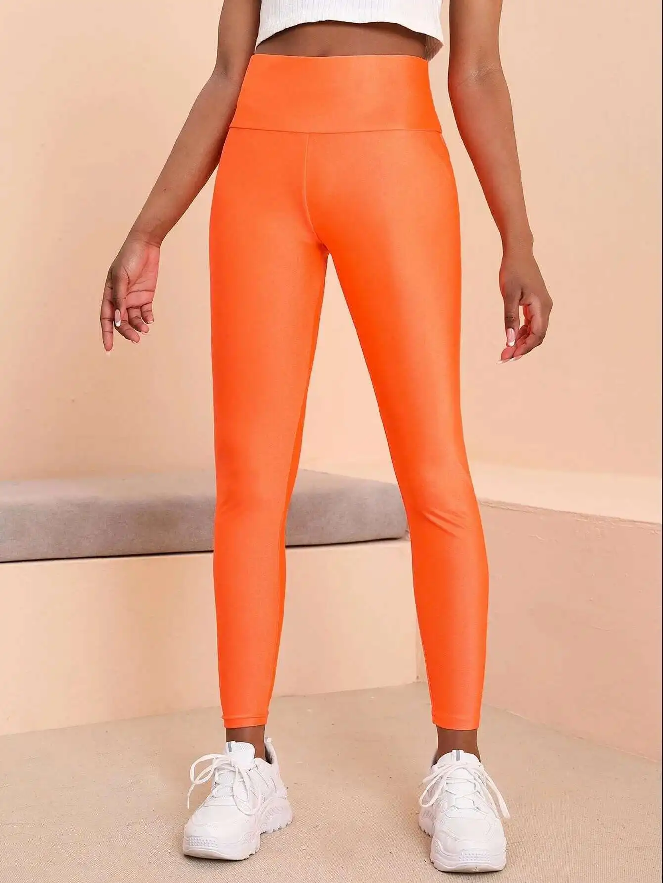 European-Style Orange Glossy Leggings High-Waisted Solid Color Nine-Point Fashion High-Stretch Waist Tight Leg Pants