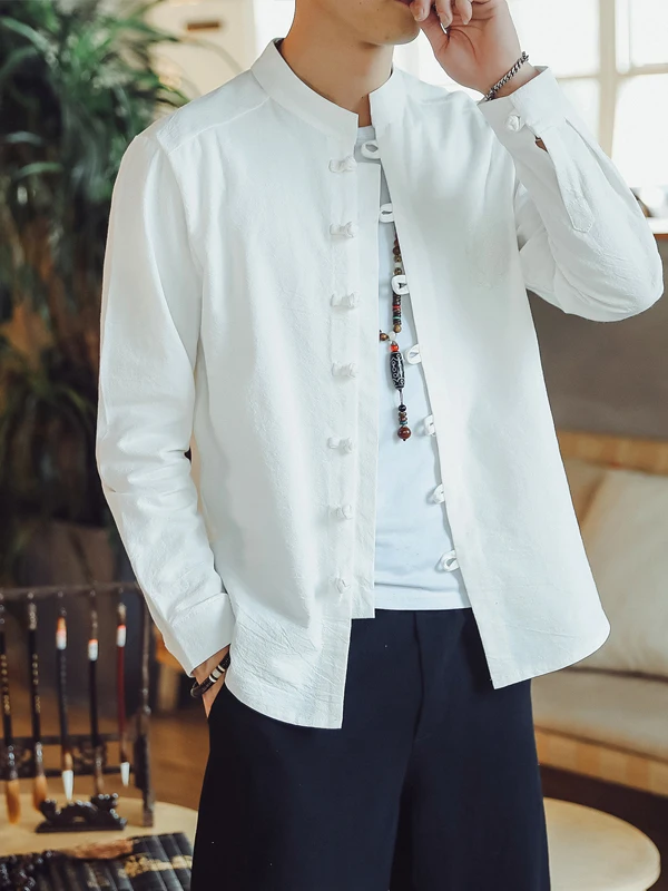 Autumn Men's Long Sleeve Jacket Casual Retro Button Front Shirt Cotton Linen Chinese Embroidery Youth Tang Costume Style