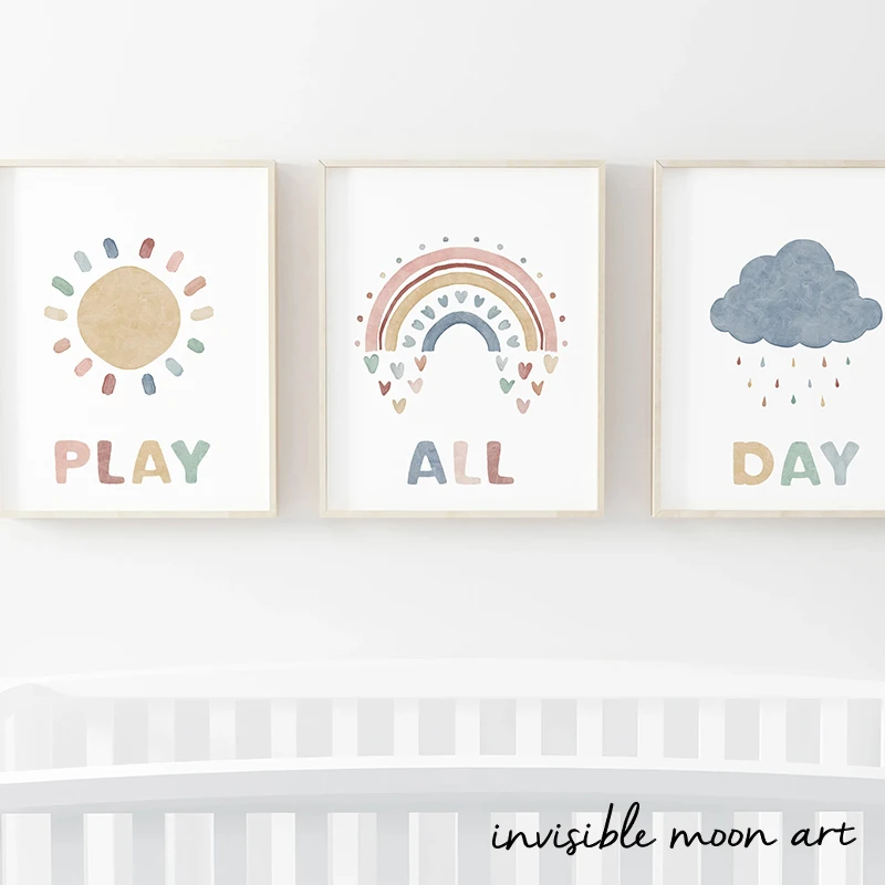 Boho Nursery Sunshine Rainbow Cloud Heart Playroom Sign Play All Day Art Poster Canvas Painting Wall Prints Picture Home Decor