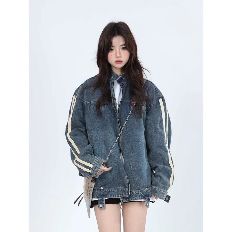 

American Heavy Industry Washed Old Collar Jacket Women's 2024 Autumn and Winter New Niche Design Sense Loose Denim Jacket