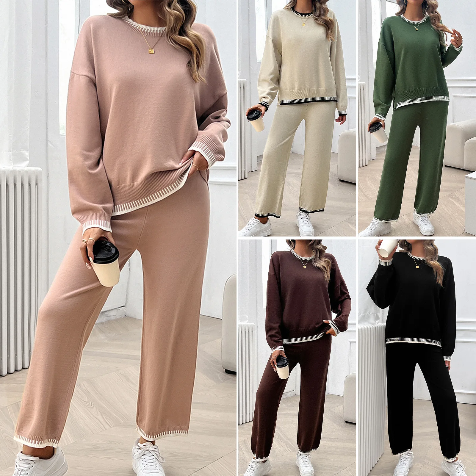 

YJKDYK Spring Autumn Women's Clothing Set Lady's Contrast Loose O-neck Sweater + Knit Pants Trousers Women 2 Piece Set Outfit