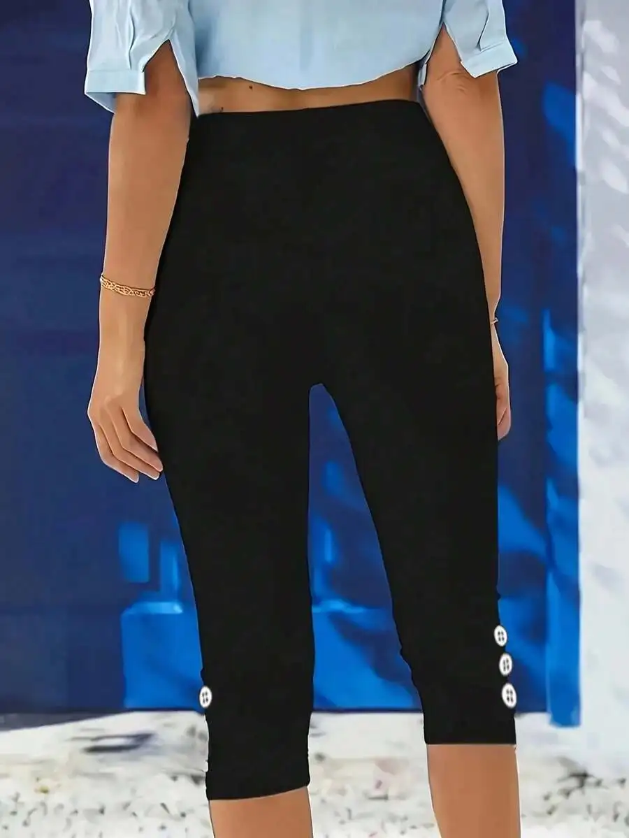 Women's High Waist Stretch Capri Pants - 90% Polyester 10% Spandex Blend, Elastic Waistband, High Stretch Knit Fabric Black