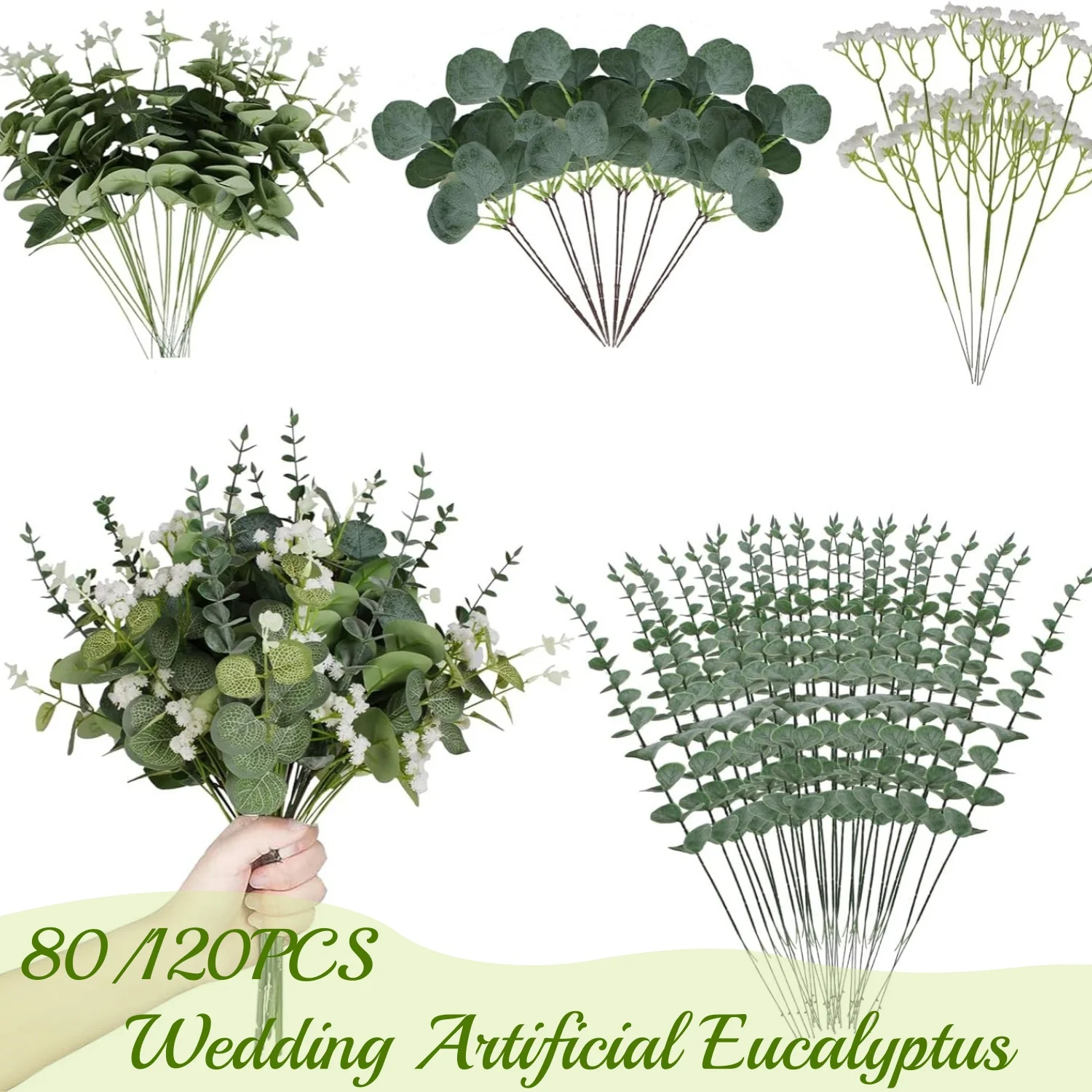 80/120PCS 4 Kinds Mixed Eucalyptus Leaves Stems Wedding Artificial Leaf DIY Bouquets Floral For Wedding Arrangement Home Decor