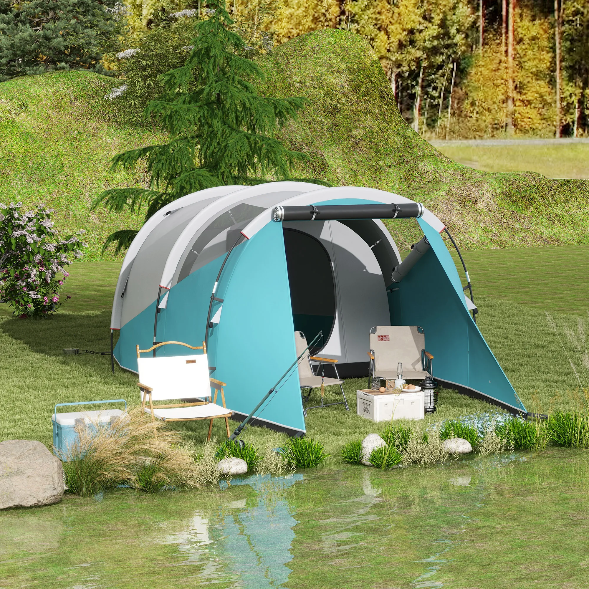 Tunnel-Campingzelt, für 4-5 Sitzplätze / 3 Schlafplätze, getrennter Wohn- und Schlafbereich, 3000mm wasserdichtes Gewebe