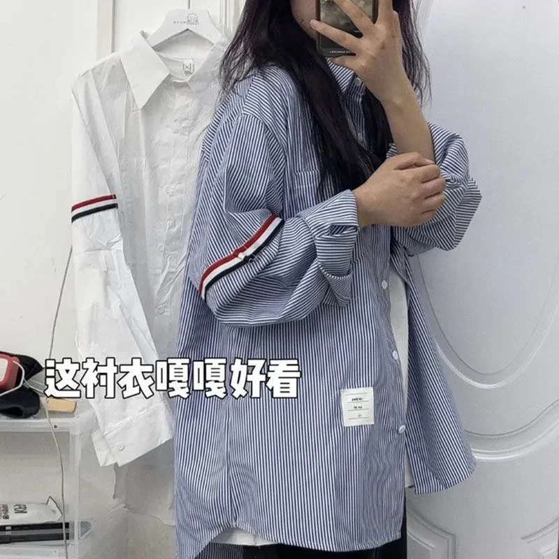 GIDYQ Spring Striped Shirts Women Korean Loose Preppy Style Couple Tops Harajuku BF Long Sleeved Casual Sun Proof Coats New