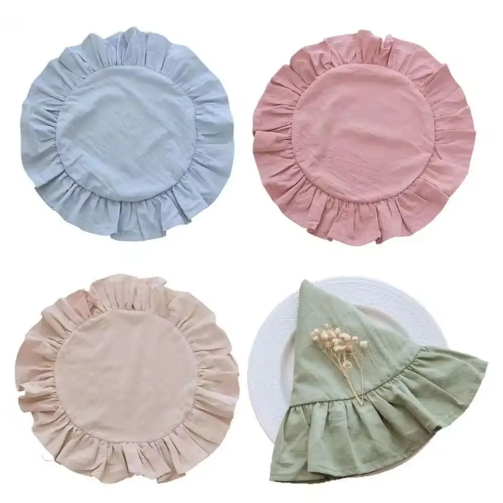 Simple Solid Color Ruffled Placemats Round Cotton Rustic Placemat Cloth Napkins for Wedding Decoration Table Decor