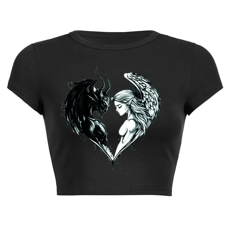 Summer Between The Thoughts Of Good And Evil Print Pattern Short Sleeve O Neck Sexy Cropped Navel Women Crop Tops Fashion T-Shir