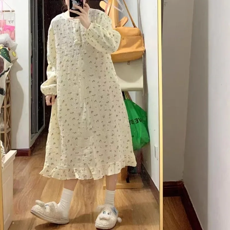 Floral Women Nightgown Button Sleepwear O-neck Nightwear Korean Fashion Night Dress Long Sleeve Autumn Ruffles One Piece Pajamas