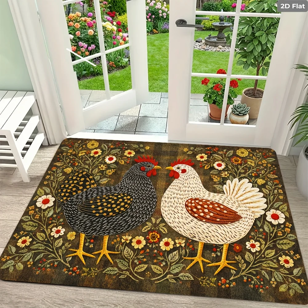 Rooster Farmhouse Kitchen Rug, Vintage Chicken Indoor Entrance Welcome Non Slip Mat,Washable Bathroom Hallway Porch Floor Carpet