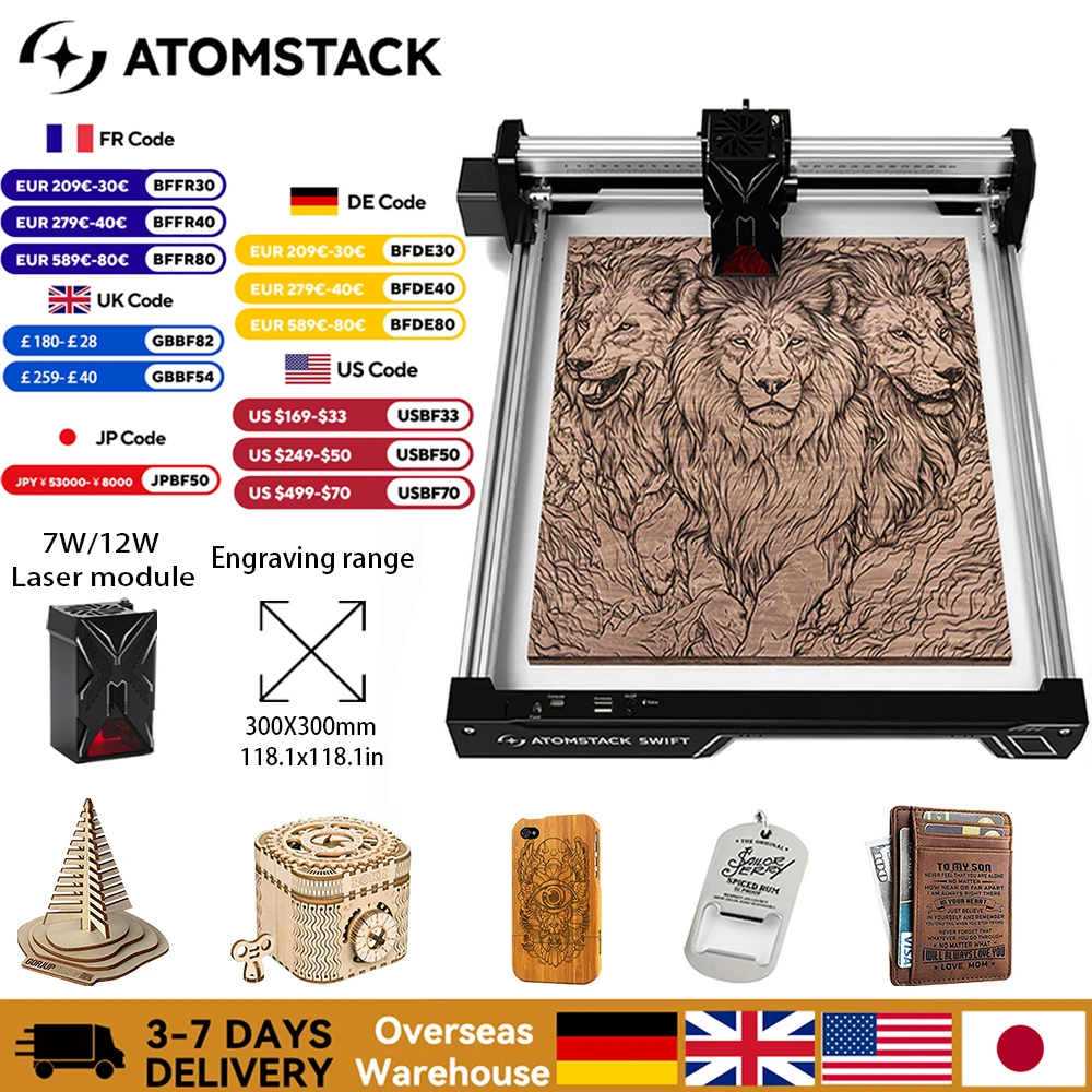 Atomstack 7 واط/12 واط حفارة ليزر صغيرة محمولة لتقوم بها بنفسك ماكينة بلوتوث رسمت علامة الكلب ورقة جلدية خشبية بلاستيكية شعار ماكينة بتحكم رقمي بالكمبيوتر