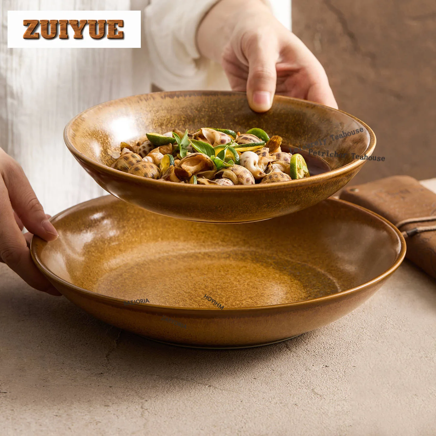 HOYIHM Kiln Fambe Beeswax Glaze Serving Plate Food Plate Appetizer Serving Platter Dish Noodle Sushi Tray Commercial Dinnerware