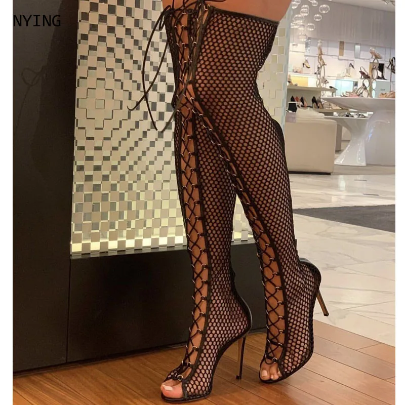 Bottes hautes noires en résille à talon aiguille et bout ouvert pour femme 2026, à lacets sur le devant, ajourées, au-dessus du genou, taille 44