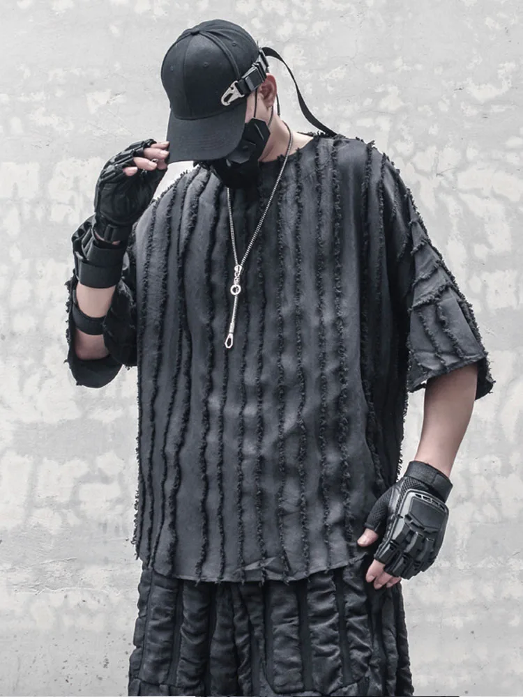 

Avant-Garde Yamamoto Style Summer Vertical Stripes Short-Sleeved T-shirt Loose-Fitting Tassel Fashion Stylist Casual