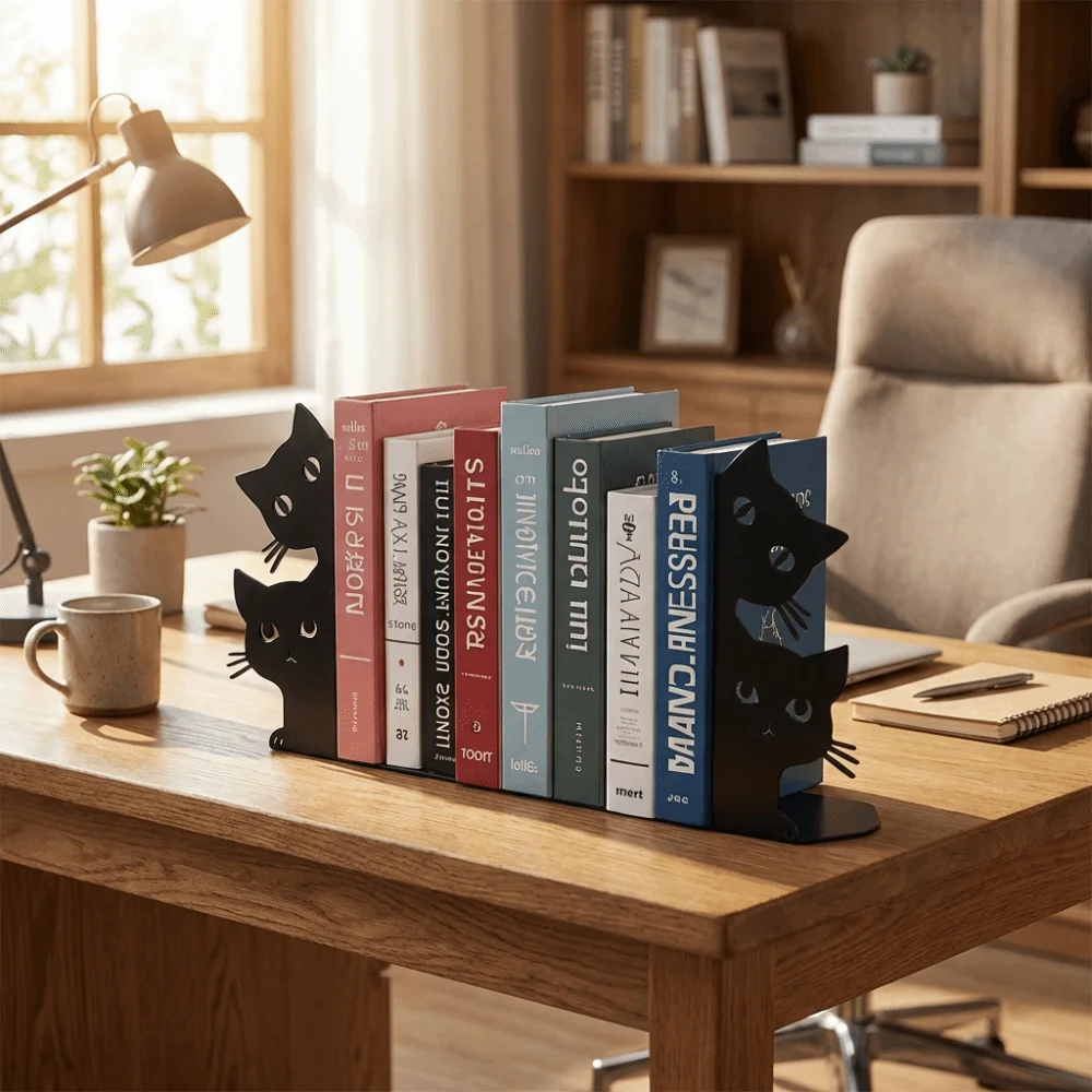 Versatile Metal Bookend Black Metal Durable Iron Cat Bookend Exquisite Creative Sitting Standing Cats Book Holder