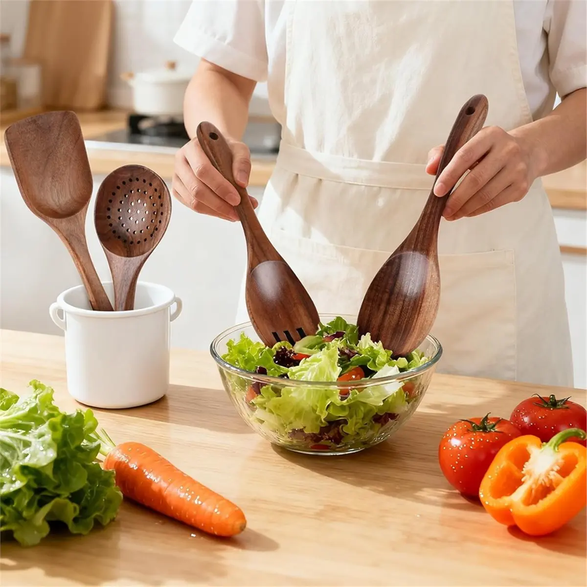2026 Trend Wooden Spoons for Cooking - 7 Pieces Wooden Kitchen Utensils Set, Natural Wood Utensil Set for Cooking