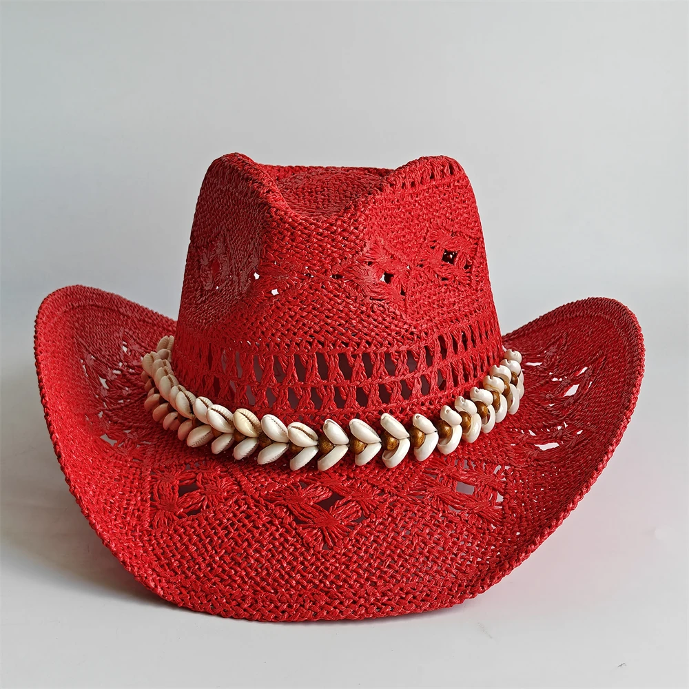 RED Western straw Cowboy Hat Natural Cowrie Shell Band Breathable Hollow Out Crochet Straw Cowgirl Hats Summer Beach Sombrero