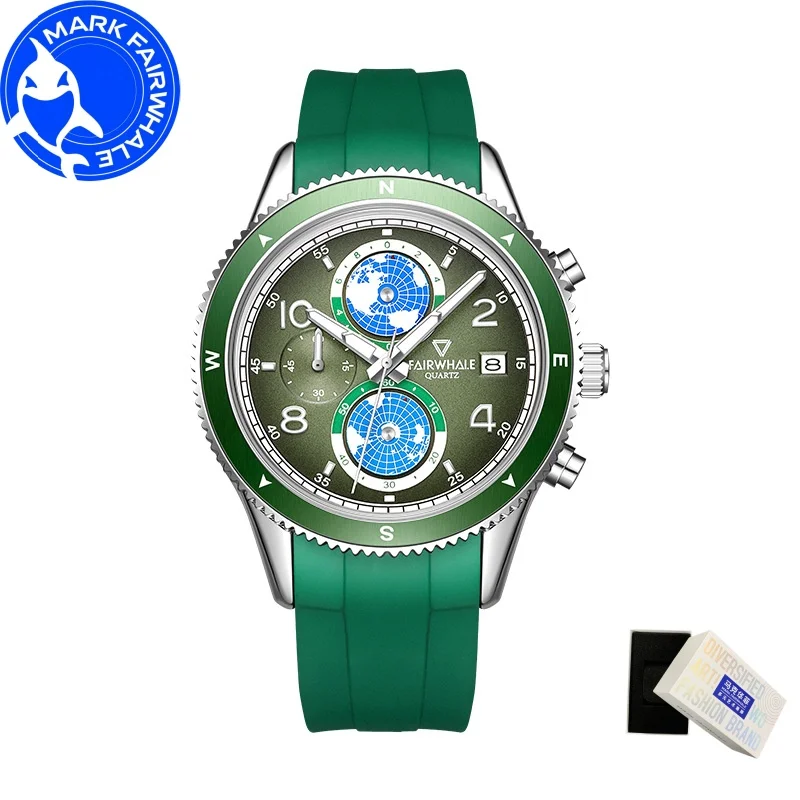 MARK FAIRWHALE Watches for Man 5730 Earth Dial Quartz Wristwatch Sport Silicone Strap Chronograph Waterproof Men Watch Gift Box