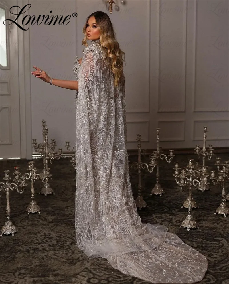 ﻿ Dubai Design Long Ivory Wedding Party Dresses Crystals Pearl Mermaid Two Pieces Cape Sleeves Arabic Aso Ebi Evening Gowns Prom